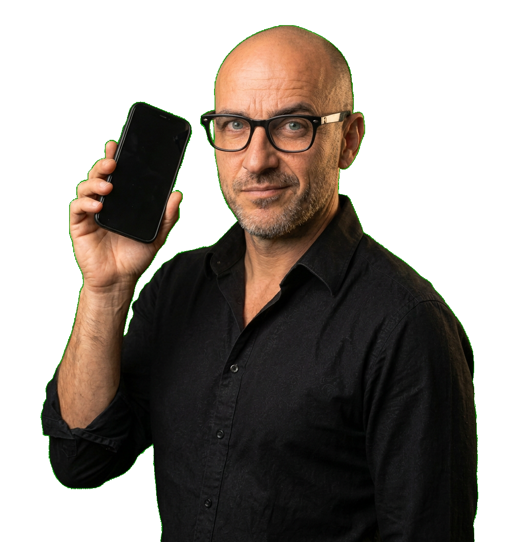 Mike holding up a phone