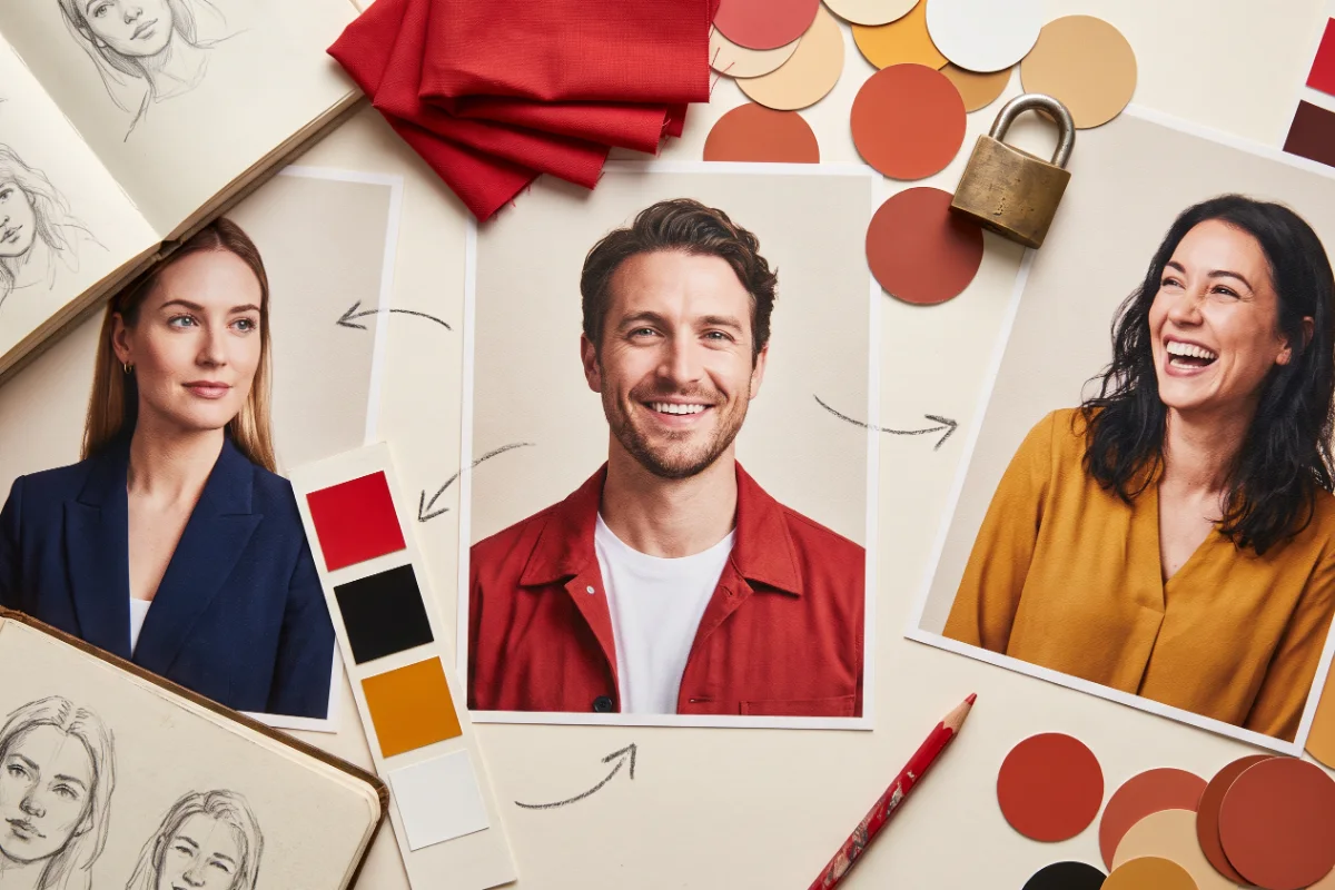 A creative desk showing portraits, swatches, and a brand system